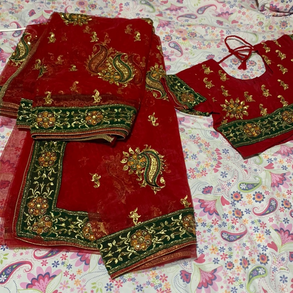 Red Net Saree With Beautiful Green Work On It - image 1